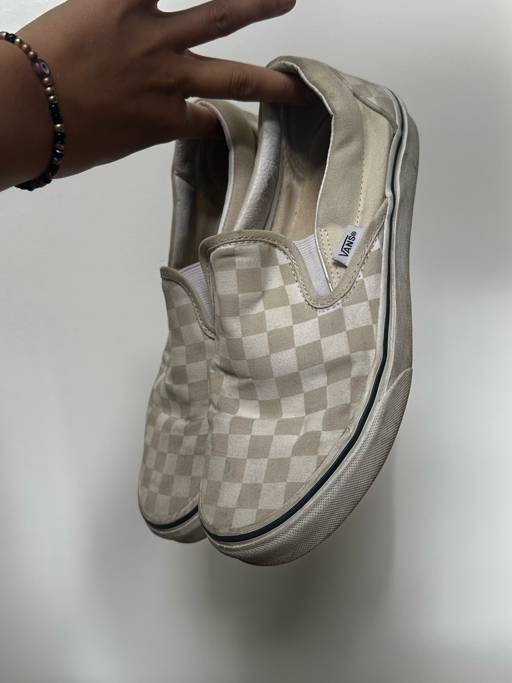 Vans Slip-On Checkerboard Sneakers in Beige and Cream